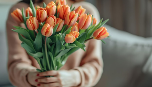 A closeup bouquet of red tulips in beautiful female hands on a blurred background in a sunny home