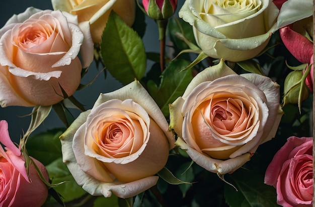 Closeup of a bouquet of roses with vibrant greenery for a fresh and natural look