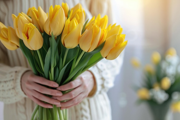 A closeup bouquet of yellow tulips in beautiful female hands on a blurred background in a sunny home