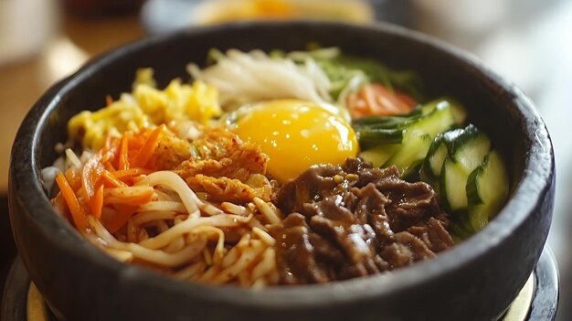 Photo closeup of a bowl of bibimbap a korean dish with rice vegetables meat and a fried egg