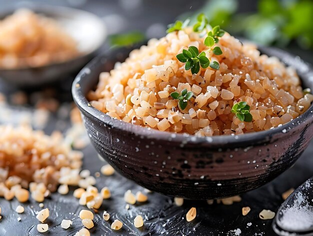 Closeup of a Bowl of Brown Rice with Thyme and Salt Realistic Food Photography