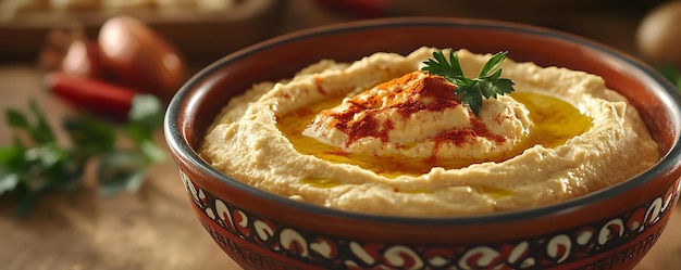 Closeup of a Bowl of Creamy Hummus with Olive Oil and Paprika Photo