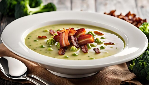 Photo closeup of a bowl of creamy vegan broccoli soup garnished with vegan bacon bits