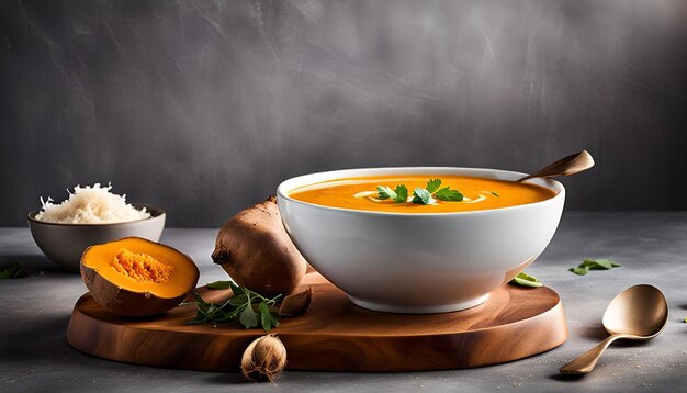 Photo closeup of a bowl of creamy vegan sweet potato soup with coconut milk