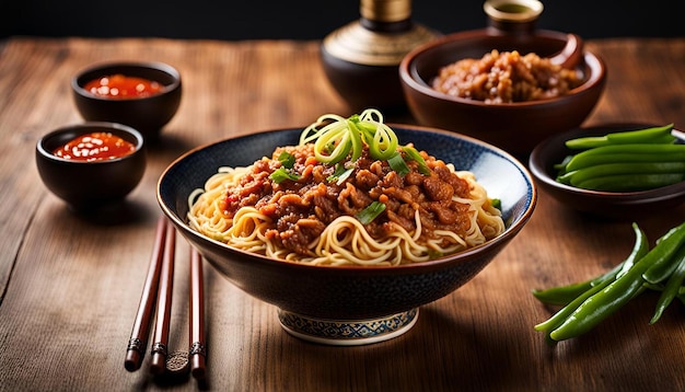 Closeup of a bowl of dan dan noodles with minced pork and chili oil