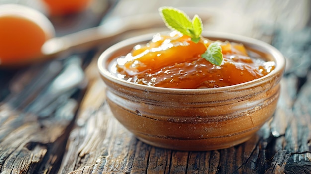 Closeup of a bowl of delicious apricot jam on a rustic table