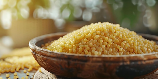 Closeup of a Bowl of Israeli Couscous on a Wooden Table Photo