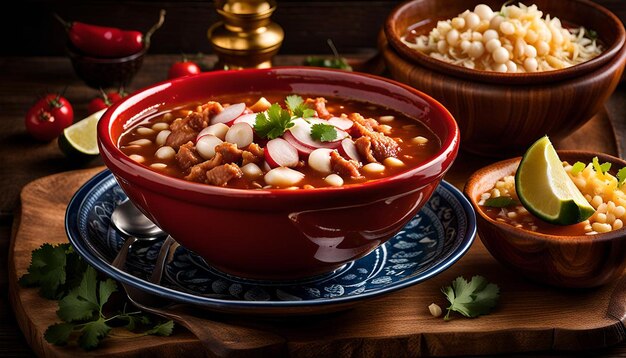 Photo closeup of a bowl of mexicanstyle pozole rojo with pork and hominy