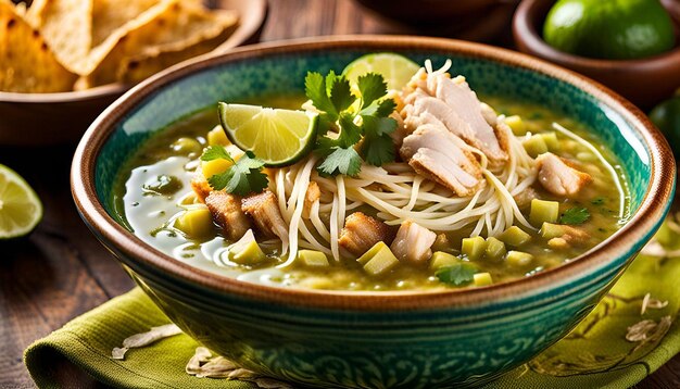 Photo closeup of a bowl of mexicanstyle pozole verde with chicken