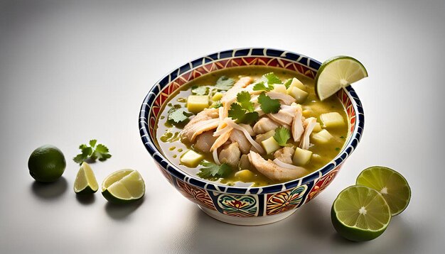 Photo closeup of a bowl of mexicanstyle pozole verde with chicken