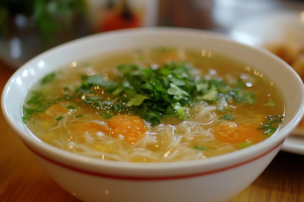 Closeup of a Bowl of Noodle Soup with Fresh Herbs