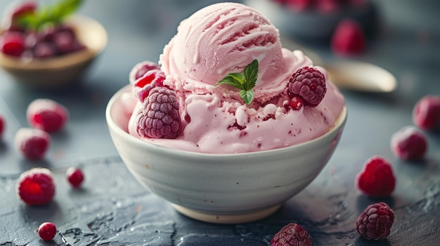 Closeup a bowl of raspberry ice cream garnished with fresh berries Summer frozen dessert