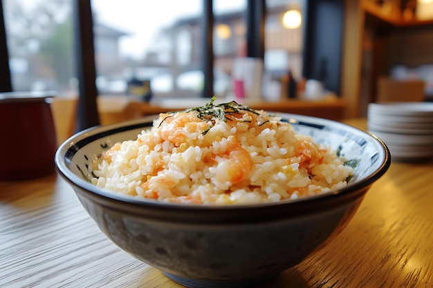 Closeup of a bowl of rice with shrimp and seaweed