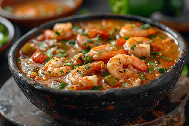 Closeup of a bowl of seafood gumbo with shrimp and okra