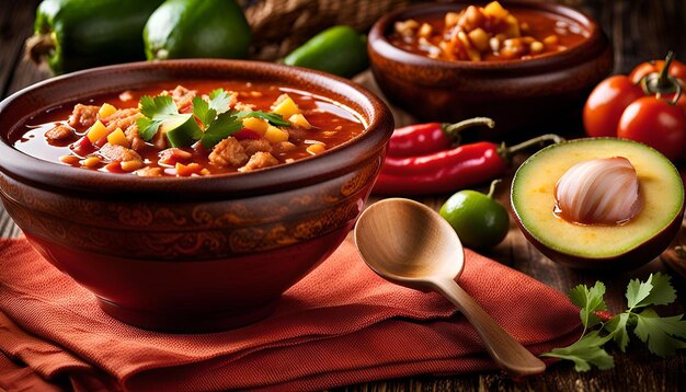 Closeup of a bowl of spicy Mexicanstyle menudo soup