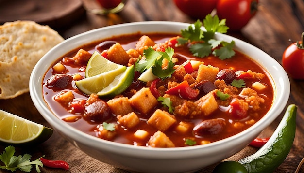 Closeup of a bowl of spicy Mexicanstyle menudo soup