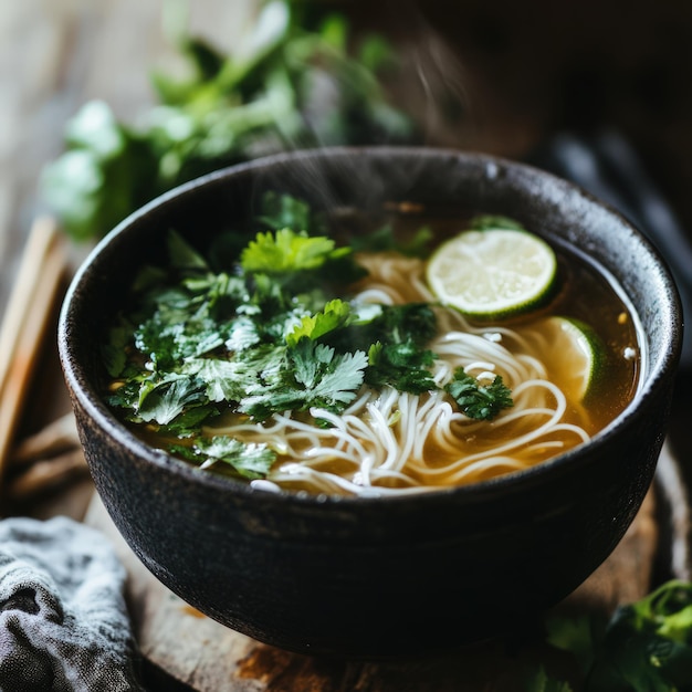 Photo closeup of a bowl of steaming noodle soup with cilantro and lime