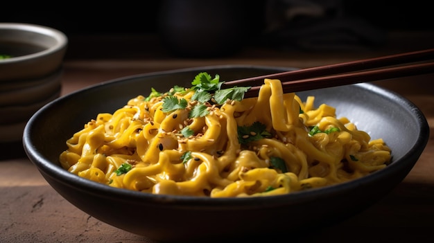 Closeup of a bowl of thick and chewy noodles a satisfying and hearty meal