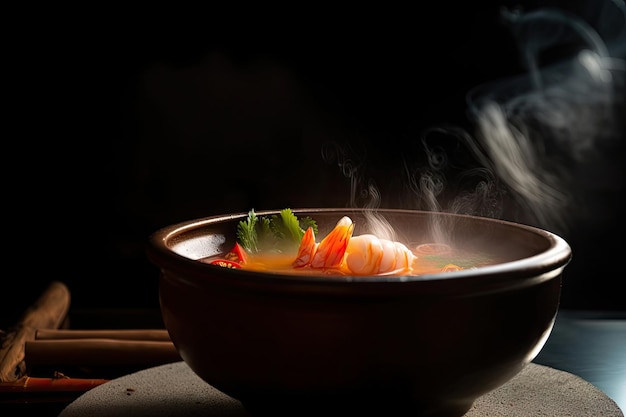 Closeup of bowl of tom yam soup with steam rising and spicy aromas created with generative ai