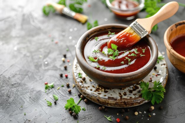 Photo closeup of bowl with delicious barbeque sauce on textured table ready to brush