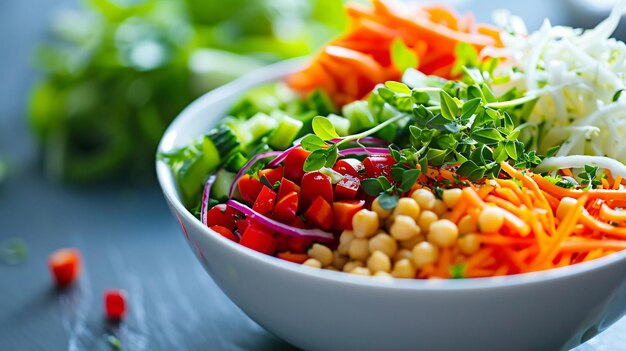 Closeup of a bowl with fresh salad made of raw vegetables and sauces on the table