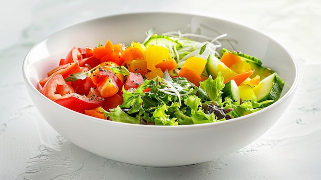 Closeup of a bowl with fresh salad made of raw vegetables and sauces on a white table