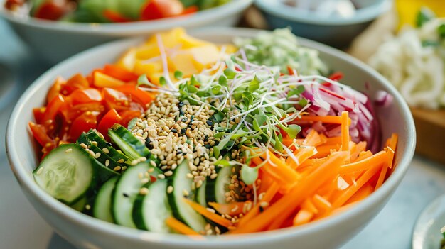 Closeup of a bowl with fresh salad made of raw vegetables and sauces on a white table