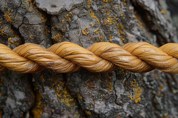 Photo closeup of a braided rope against a lichencovered tree trunk