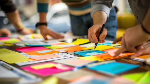 Closeup of a brainstorming session with colorful sticky notes and a pen