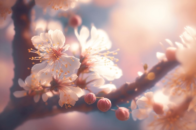 A closeup branch of cherry blossom with pink flowers