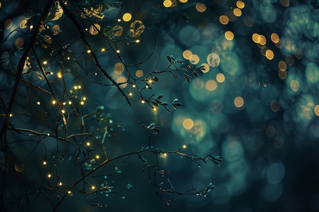 A closeup of a branch decorated with twinkling fairy lights against a blurry teal background Dainty fairy lights twinkling in the night