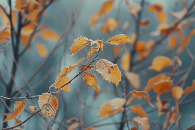 Photo a closeup of a branch with yellow leaves gently swaying in a cool breeze rustling of leaves in the gentle breeze