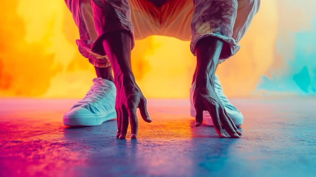 A closeup of a break dancers hands gripping the floor during a freeze pose with a smooth pastel backdrop