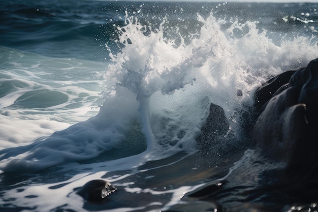 Closeup of breaking wave with droplets of water flying through the air