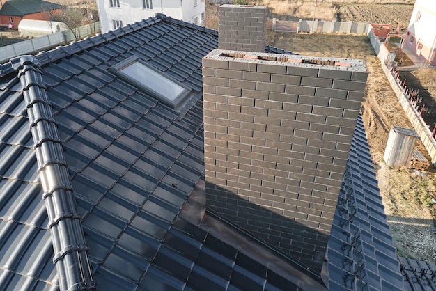 Closeup of brick chimney on house roof top covered with ceramic shingles Tiled covering of building