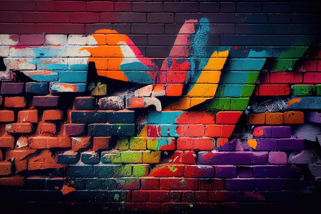 A closeup of a brick wall covered in graffiti with layers of different colors and textures