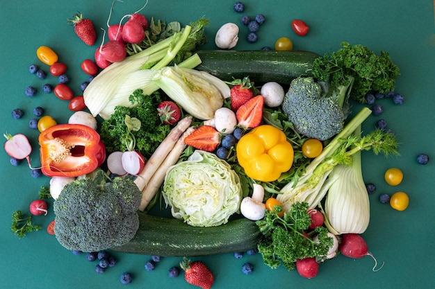 Closeup bright fresh vegetables fruits and berries