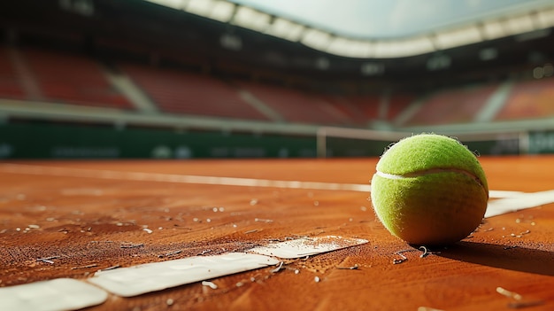 Closeup of a bright green tennis ball on a clay court with a blurred background of an empty stadium