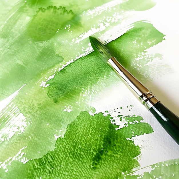 Closeup of bright green watercolor brush strokes painted on white surface