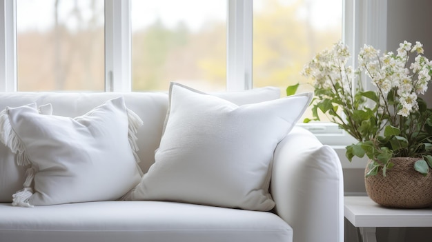 Closeup of a bright sofa with pillows