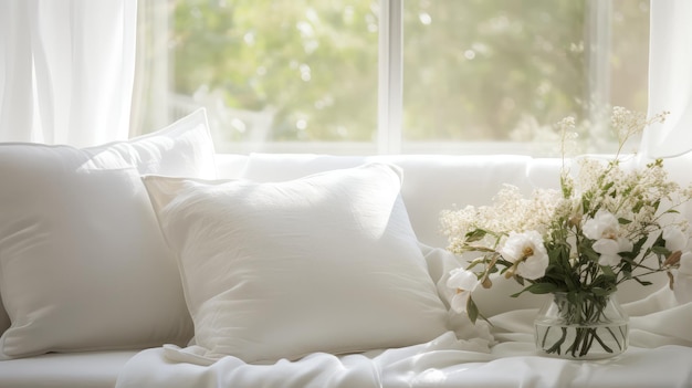 Closeup of a bright sofa with pillows