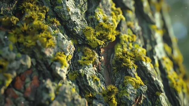 Closeup of bright yellow lichen growing on a tree