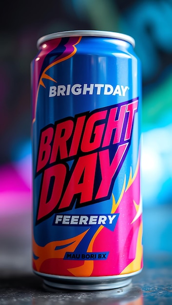 Photo closeup of brightday energy drink can with eyecatching label