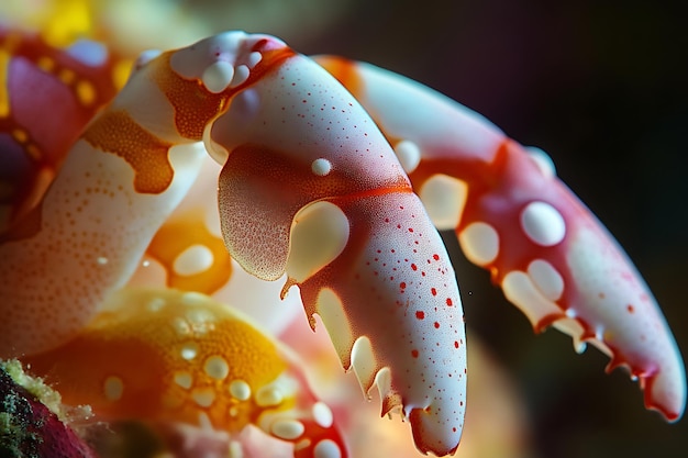 Photo closeup of a brightly colored crab claw showing detailed texture and pattern