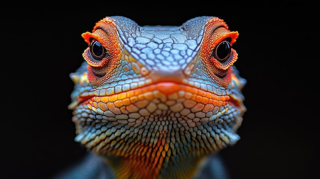 Closeup of a brightly colored lizard with intricate textures