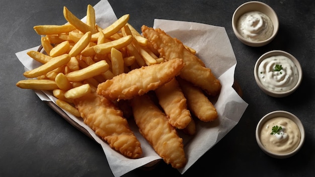 Photo closeup of british fish and chips with tartar sauce