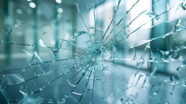 A closeup of broken glass in an office building representing the impact on business and security wit