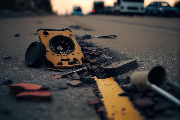 Closeup of a broken and patched road with tools and equipment nearby