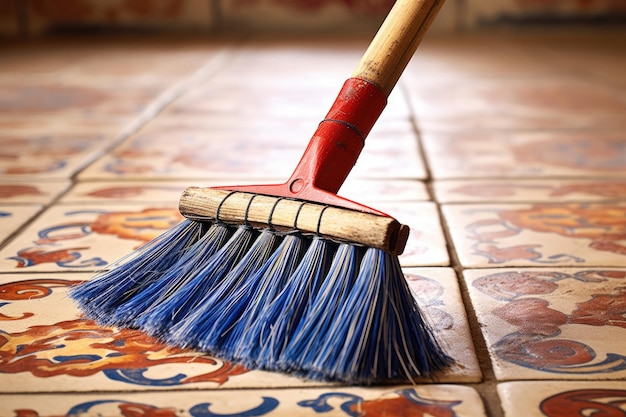 Closeup of broom bristles sweeping a tiled floor