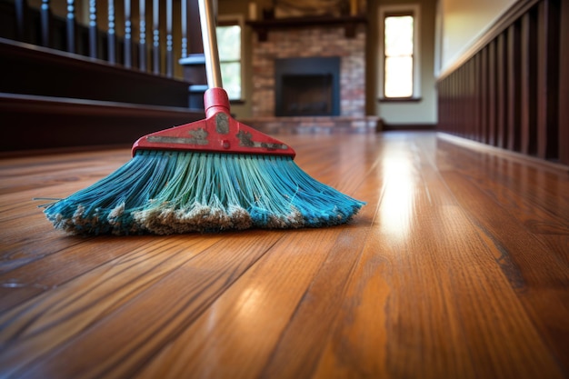 closeup of a broom sweeping hardwood floor created with generative ai